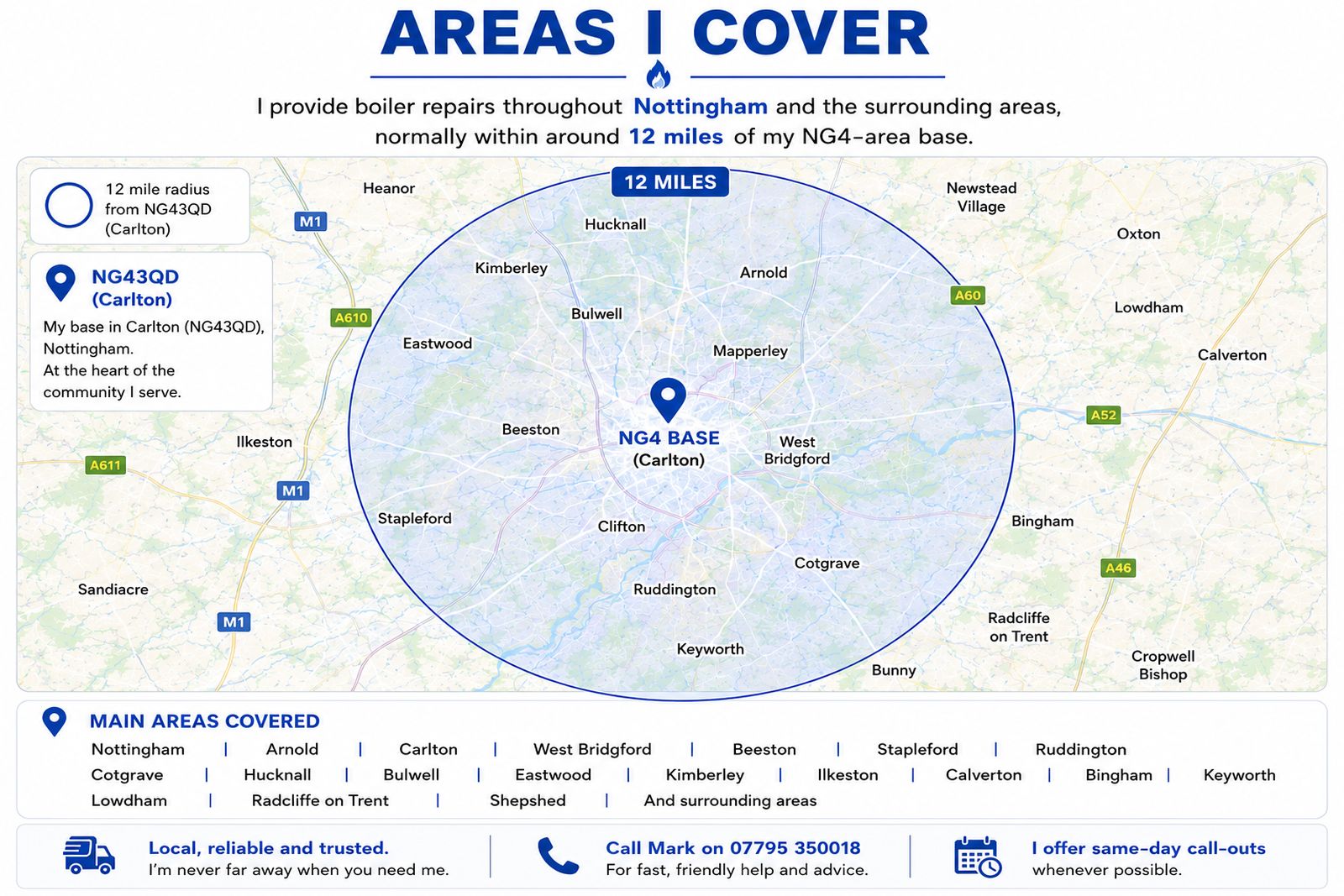 Map showing the areas I cover within approximately 12 miles of my NG4 Carlton base